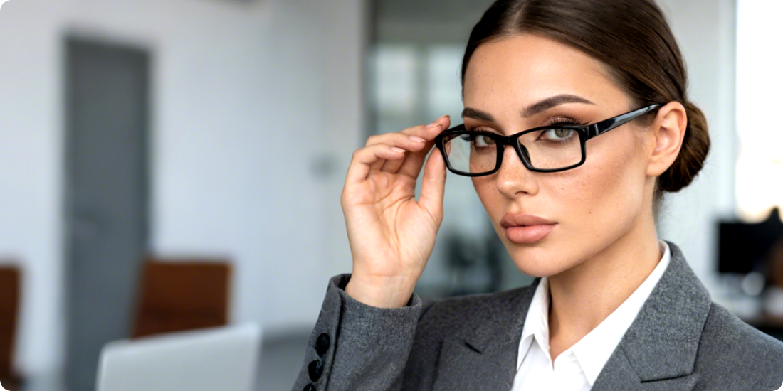 Businesswoman adjusting black rectangular eyeglasses in office, professional prescription glasses for work