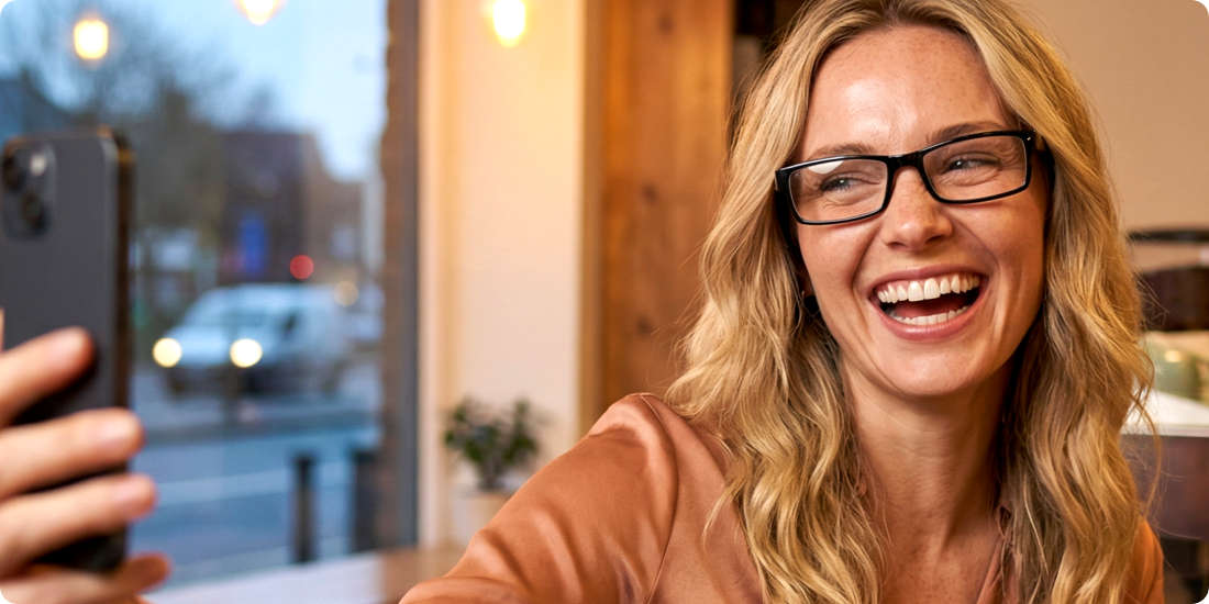 Woman wearing black rectangle eyeglasses taking selfie in cafe, stylish prescription glasses for daily use