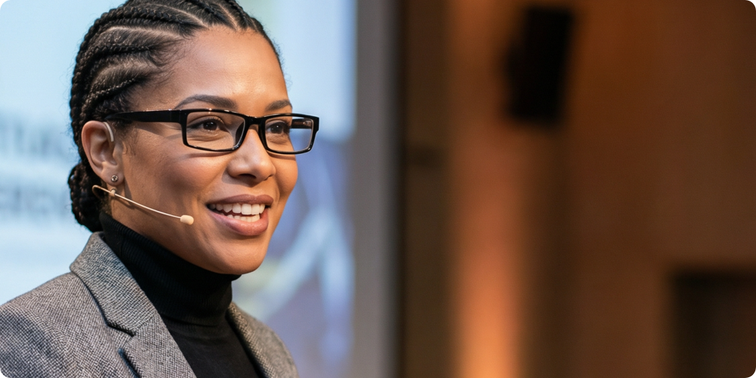 Female speaker wearing black rectangular eyeglasses giving presentation, stylish glasses for professional events