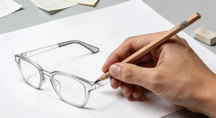 A designer is sketching eyeglass frames by hand with a pencil on a sheet of white paper, illustrating the eyewear design process.