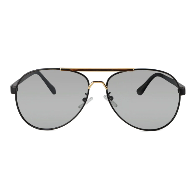Front view of classic black-and-gold aviator sunglasses, featuring light gray lenses and a gold top bar.