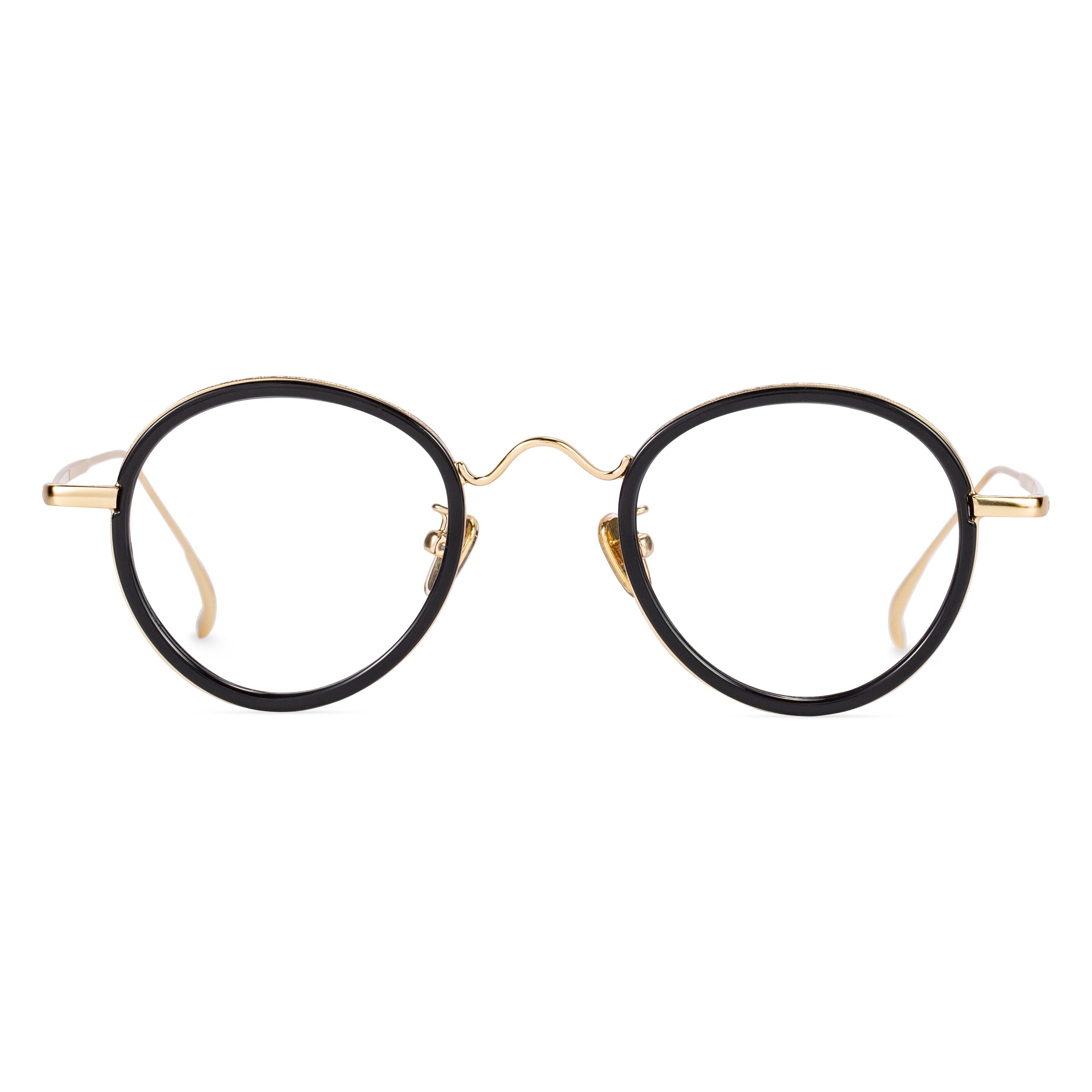 A front view of round, black-rimmed glasses, featuring an exquisite gold metal nose bridge and slender gold temples, presenting a classic Boston frame shape.