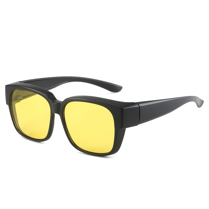 A side view of square-framed night-vision glasses with thick black rims and bright yellow lenses, suitable for wear at night or in low-light environments.