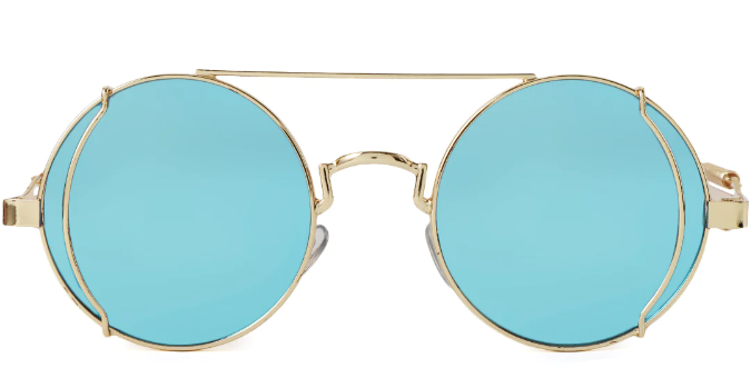 A front view of vintage-style round sunglasses, featuring thin gold metal frames, blue-green lenses, and a straight metal bridge across the top.
