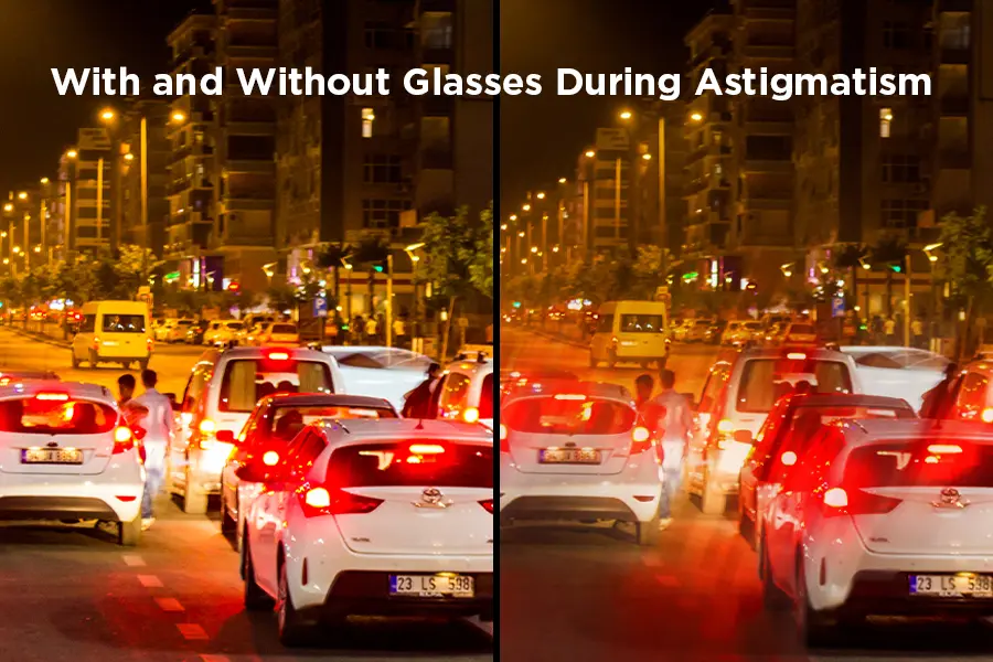 Astigmatism Visual Comparison: The left side displays clear nighttime traffic, while the right side simulates the view perceived by a person with astigmatism.