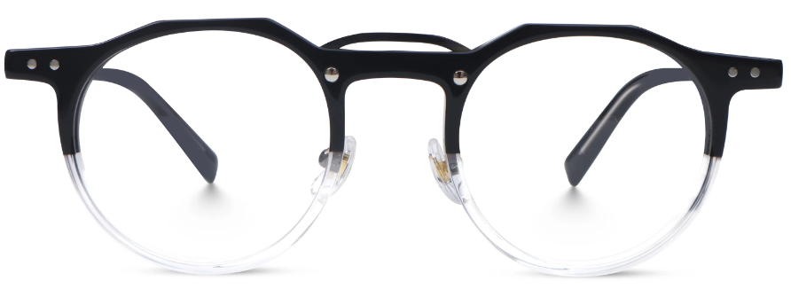 A front view of round glasses featuring a semi-black frame and a translucent lower rim, with geometric facets incorporated into the lines of the upper frame.