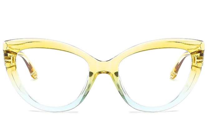 Front view of glasses with transparent bright yellow gradient cat-eye frames.