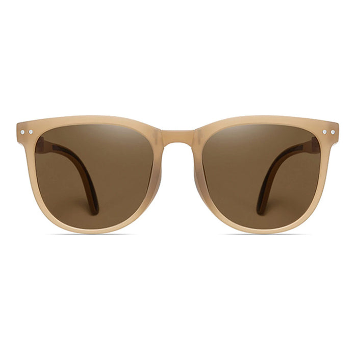A front view of classic Wellington-style square sunglasses in a matte champagne gold finish, paired with dark brown lenses.
