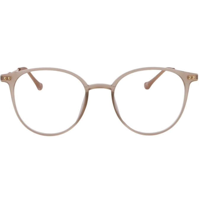 A pair of round glasses with thin, transparent frames in a light champagne or flesh-pink hue, featuring two decorative gold dots on each side of the frame.