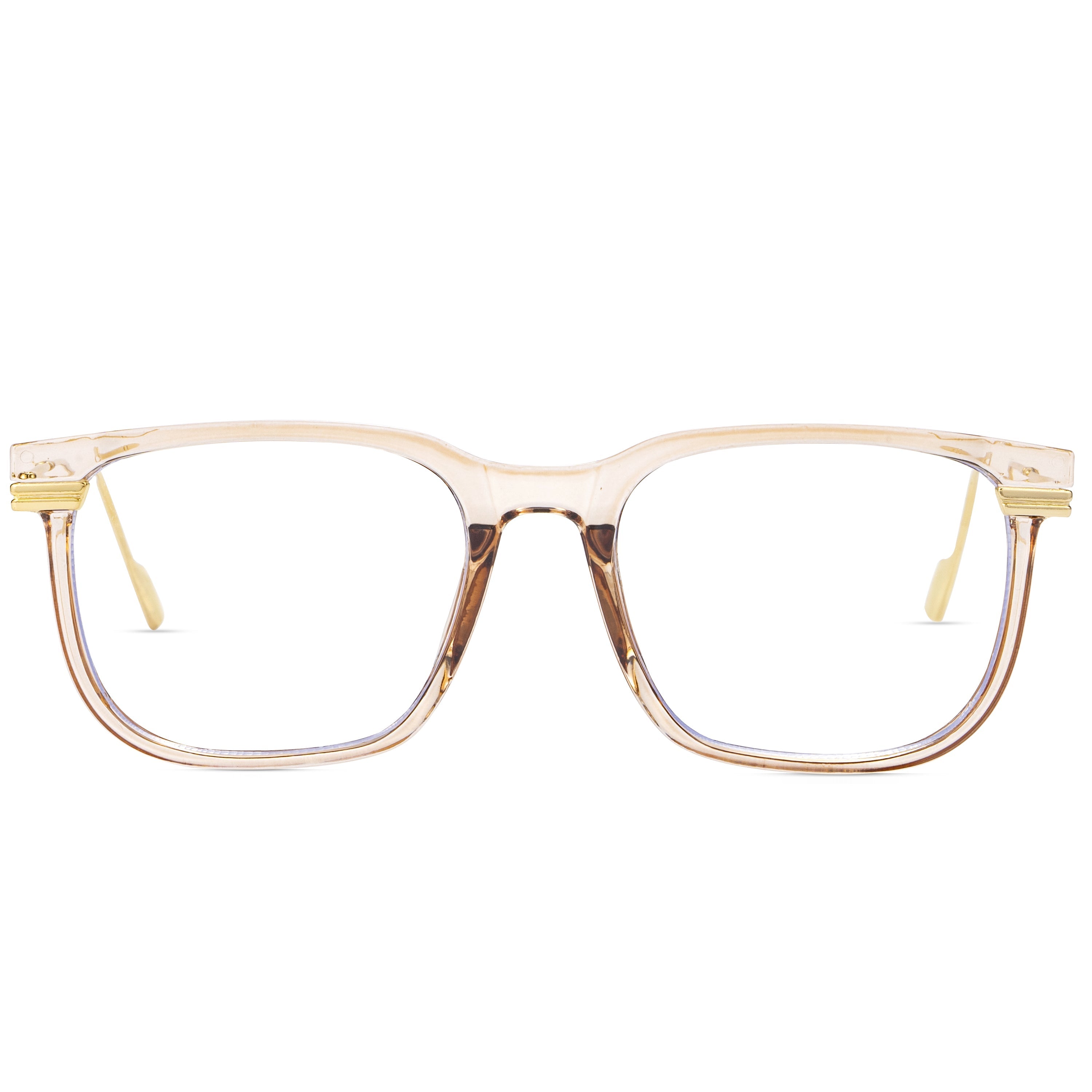 A front view of transparent, light champagne-colored square glasses, featuring slender gold metal temples and a vintage-minimalist style.