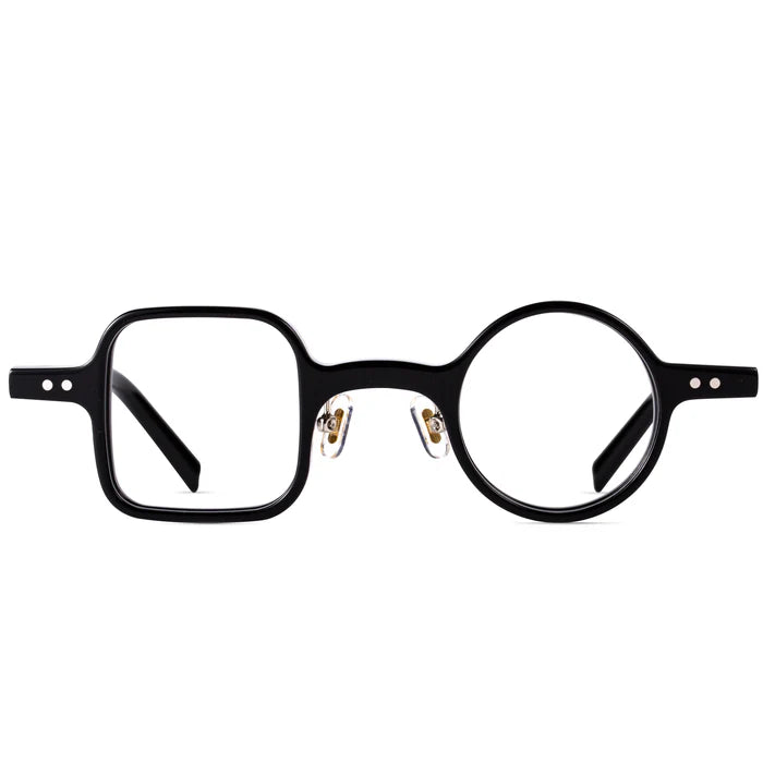 A front view of a pair of playful, black-rimmed glasses featuring an asymmetrical design: a square frame on the left and a round frame on the right.