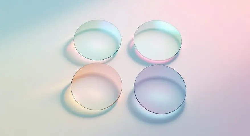 Four circular, transparent optical lenses, arranged symmetrically against a light-colored background, demonstrate the effects of optical refraction from various angles.