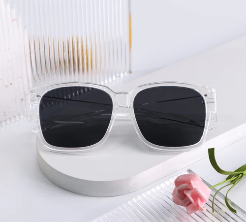 Front view of sunglasses featuring thick-rimmed transparent frames and dark black lenses.