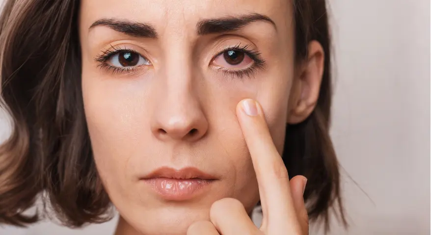A woman points to her red, bloodshot left eye, demonstrating symptoms of dry eye syndrome.