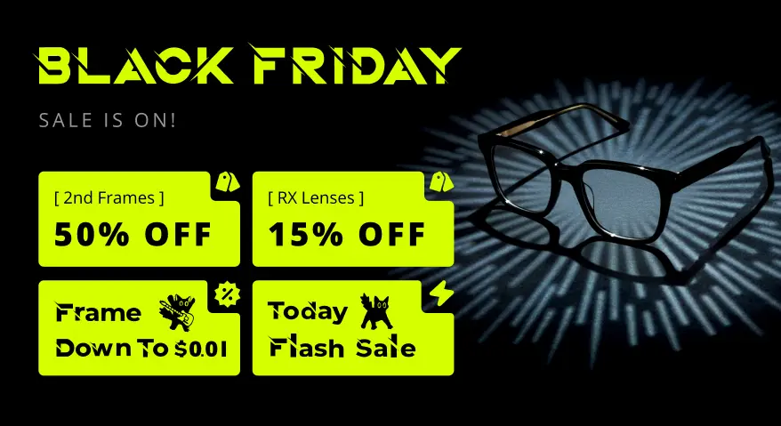 Black Friday Eyewear Sale Poster: Featuring a black background accented with bright yellow tags, showcasing a variety of discounts on frames and lenses.