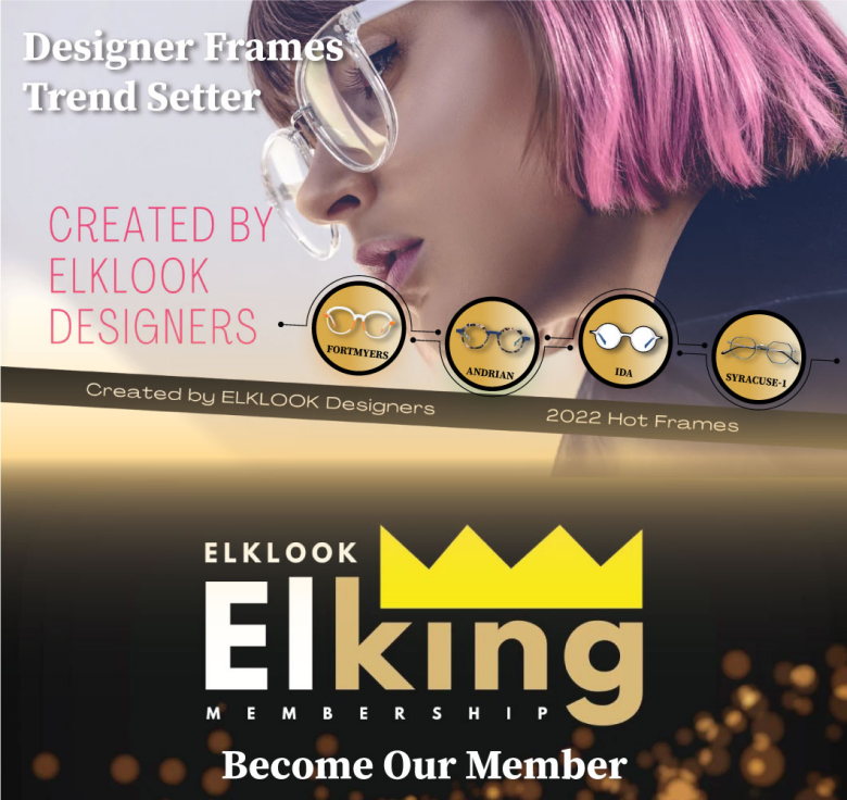 Elklook Brand Membership Promotional Poster, showcasing a selection of popular 2022 designer frames and a pink-haired model.