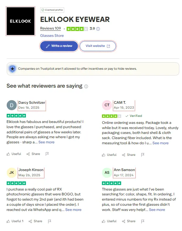 A screenshot of elklook eyewear's rating page on Trustpilot.