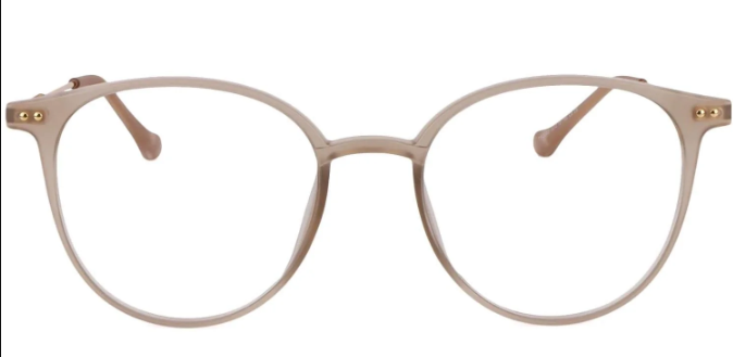 A pair of round glasses with thin, transparent frames in a light champagne or flesh-pink hue, featuring two decorative gold dots on each side of the frame.