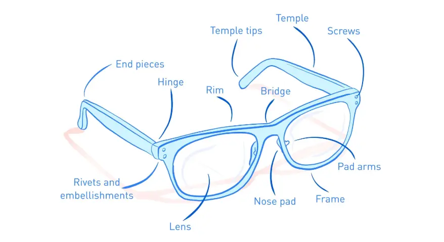 A deconstructed diagram of a pair of glasses, labeled with the names of its various components—including the lenses, frames, nose pads, temples, hinges, and screws.