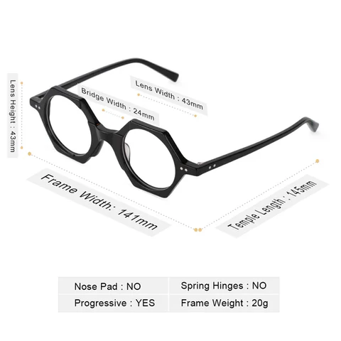 Black geometric polygonal-frame glasses with dimensions.
