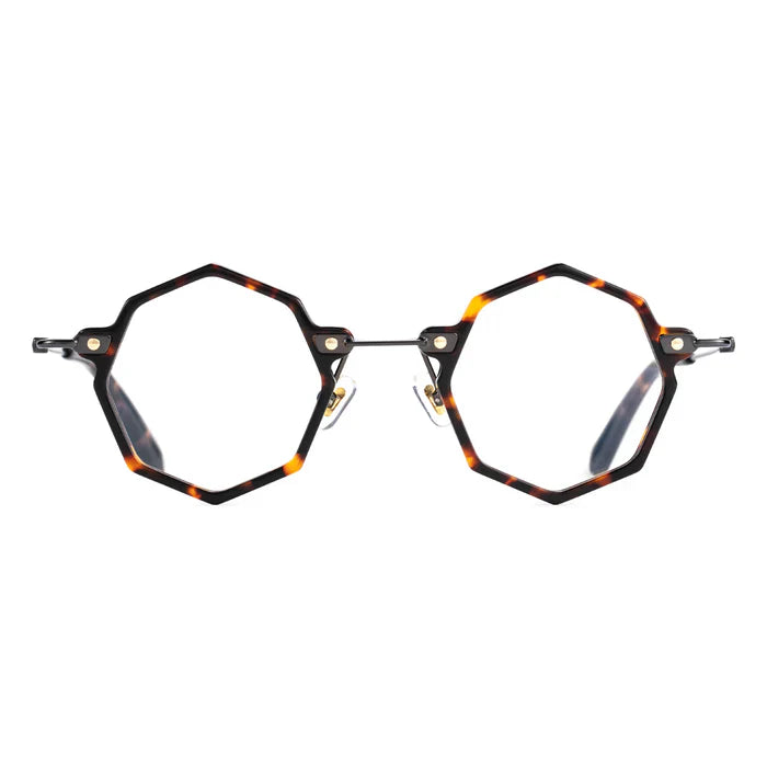 Tortoiseshell octagonal geometric-frame glasses, featuring a slender black metal bridge and temples.
