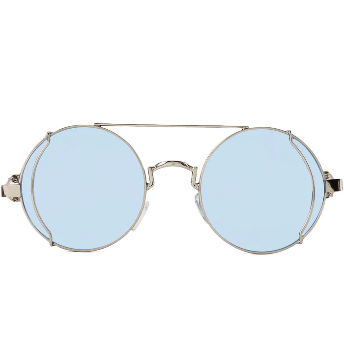 Silver, thin-metal, round-frame sunglasses featuring light blue lenses and a double-bridge design.