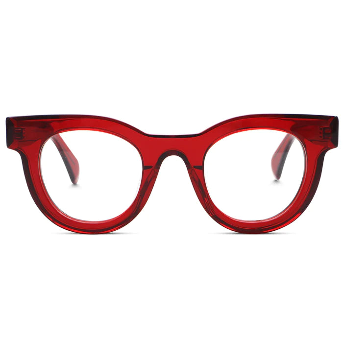 A front view of bright red, transparent, thick-rimmed glasses, featuring a retro silhouette that combines cat-eye and round-frame designs.