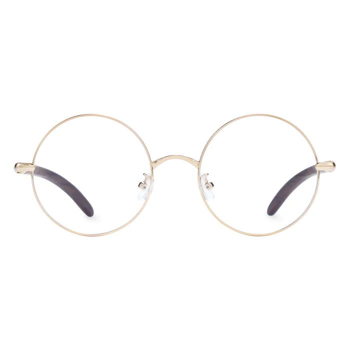 Front view of oversized, round, gold metal glasses with an extremely thin frame.