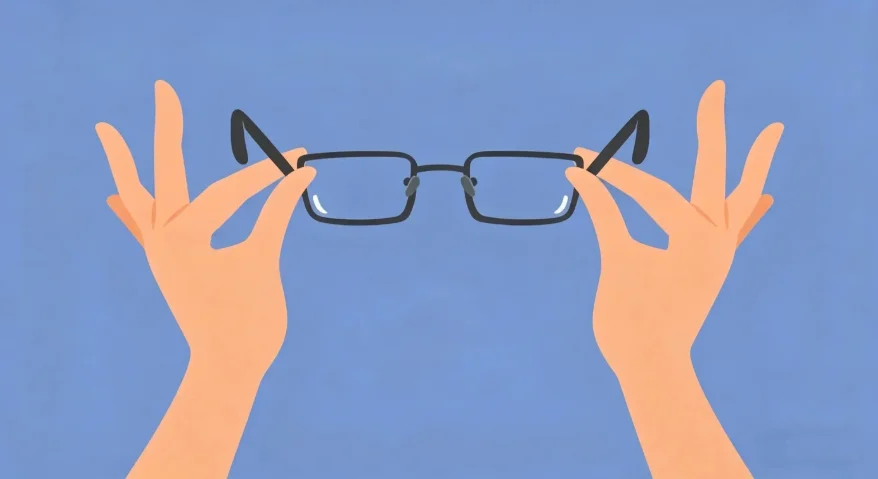 A cartoon image of a pair of hands holding a pair of black, rectangular glasses.
