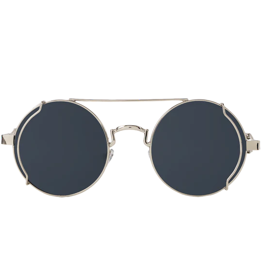 A front view of steampunk-style round sunglasses, featuring thin gold metal frames, dark gray lenses, and a decorative metal crossbar across the top of the lenses.