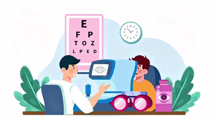 Medical illustration of an ophthalmologist examining a patient's eyes.