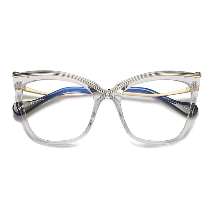 A front view of elegant, oversized, transparent cat-eye glasses, accented with delicate gold wire detailing.