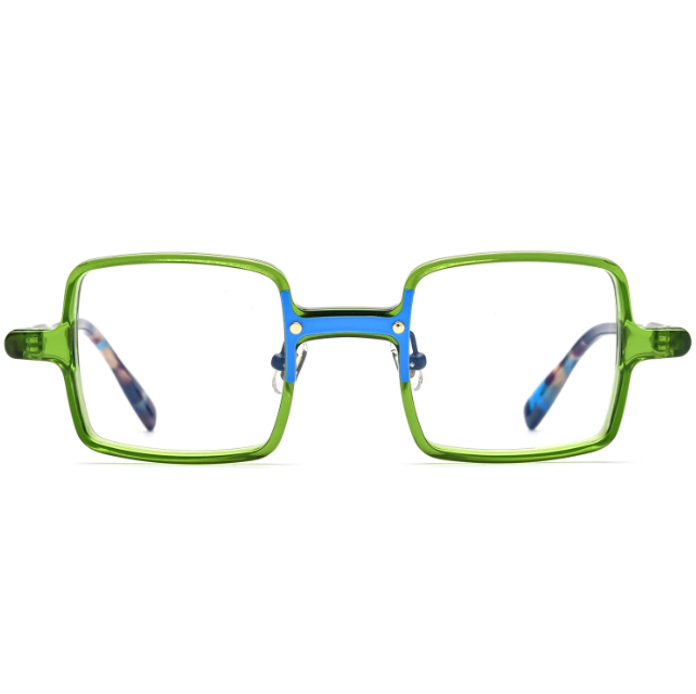 Front view of green, transparent, thick-rimmed square glasses, featuring a bright blue nose bridge and tortoiseshell temples.