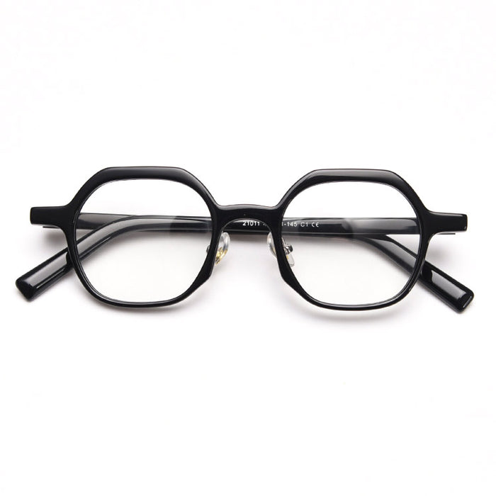 A front view of unique, geometric hexagonal glasses with thick black frames, showcasing a minimalist style.