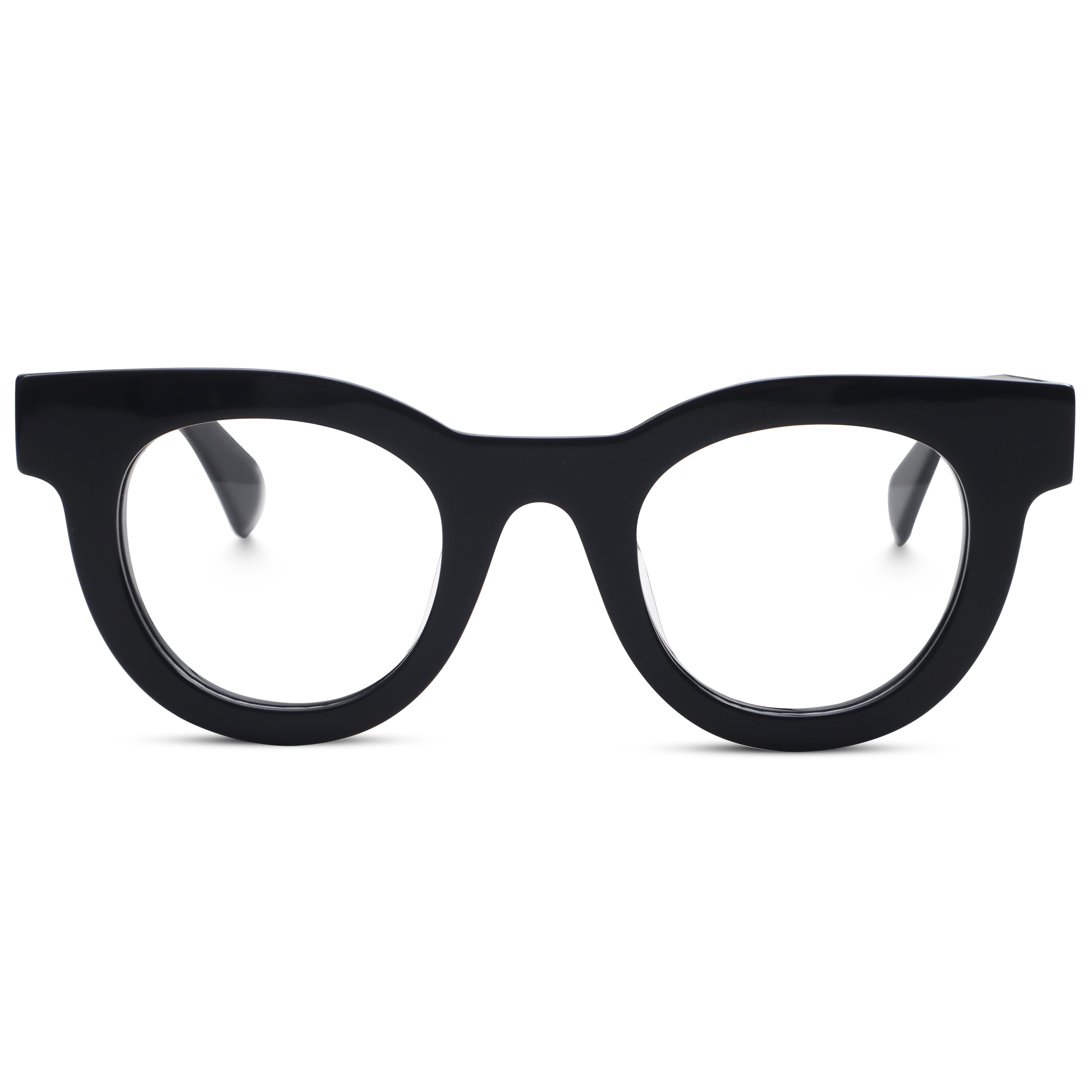 A front-view rendering of a pair of rugged, pure-black round glasses featuring thick frames and wide temples—a bold and avant-garde design.