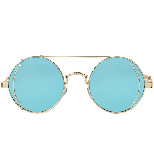 A front view of round sunglasses featuring thin gold metal frames, light blue lenses, and an iconic integrated double-bridge design.