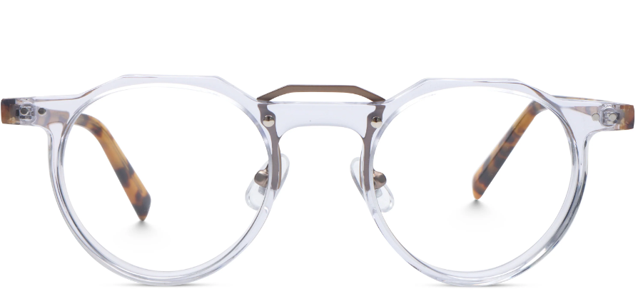 Transparent frame glasses with a unique crown-shaped round frame design; the bridge is made of bronze metal.