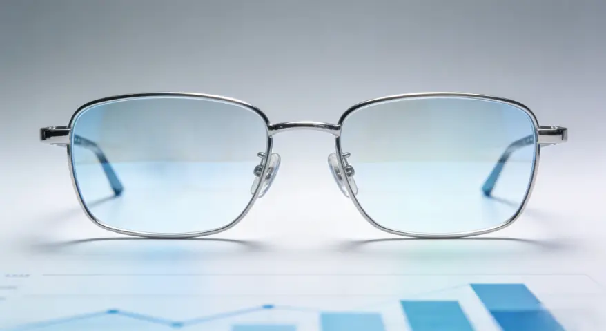 Silver metal full-rim non-prescription glasses, placed atop a blue and white data chart, featuring lenses with a light blue anti-blue light coating.