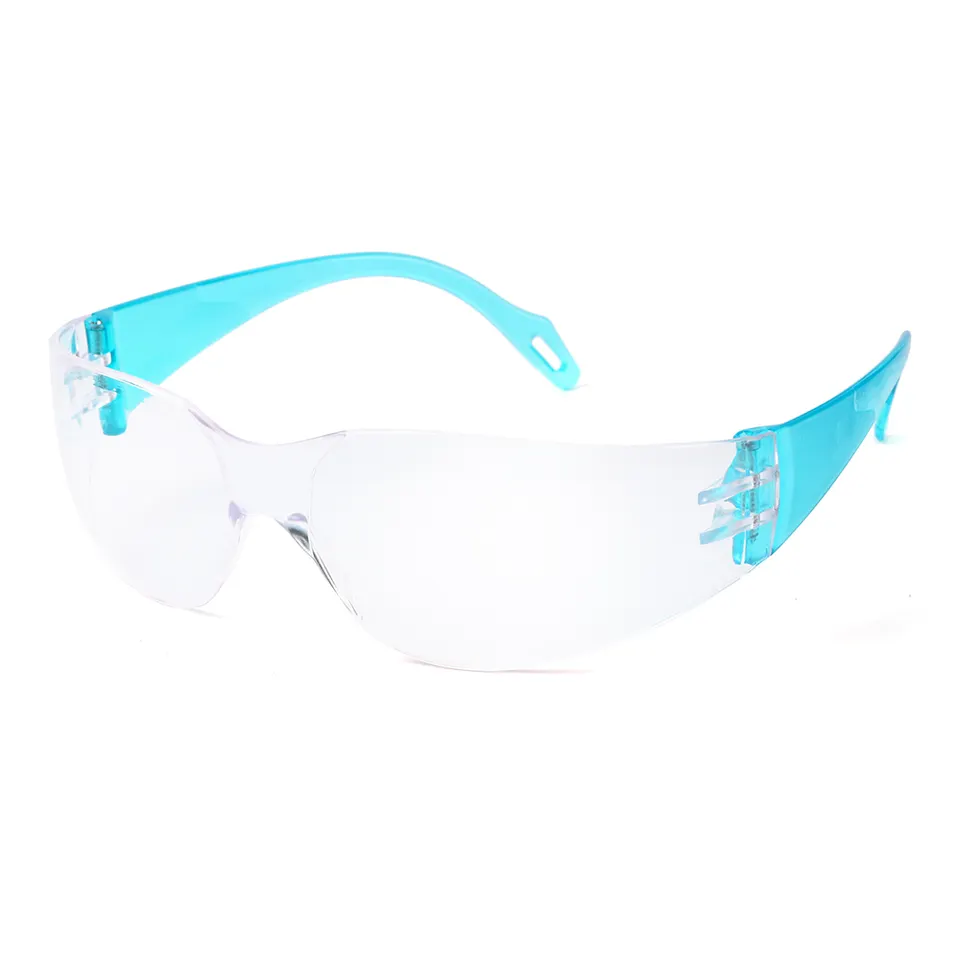 Transparent protective goggles for laboratory or industrial use, featuring bright blue temples.