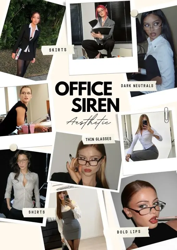 A fashion collage showcasing workplace eyewear and outfits inspired by the styles of the '90s and '00s.