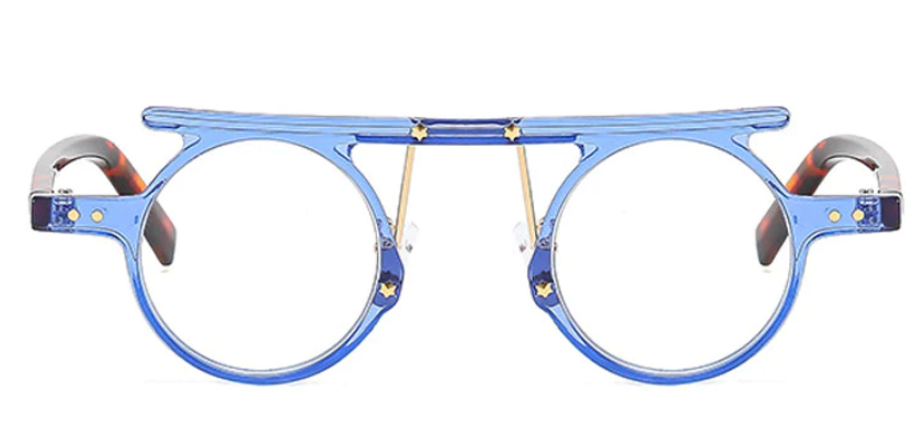 A pair of semi-transparent blue glasses with an architectural aesthetic, distinguished by a blue crossbar spanning the top of both lens rims.