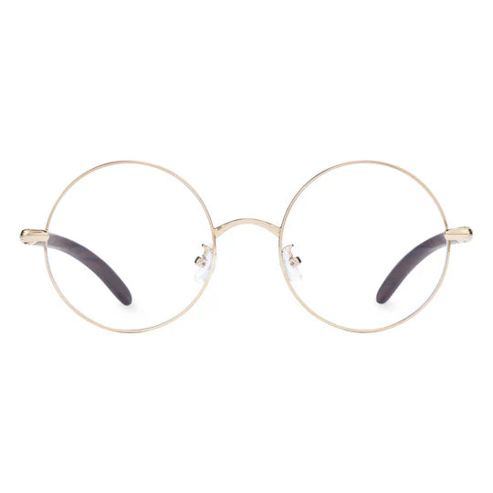 Front view of large, round, thin-rimmed glasses featuring a rose gold metal frame.