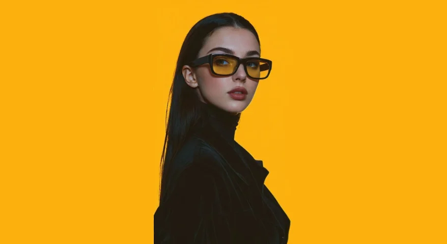 Blog post cover for signs you need new glasses, modern woman in black outfit and trendy yellow-lensed glasses on vibrant yellow backdrop