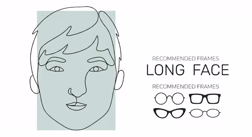 The image displays eyeglass frame styles suitable for long face shapes.