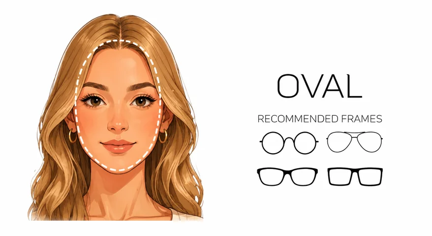 The image displays eyeglass frame styles suitable for oval face shapes.