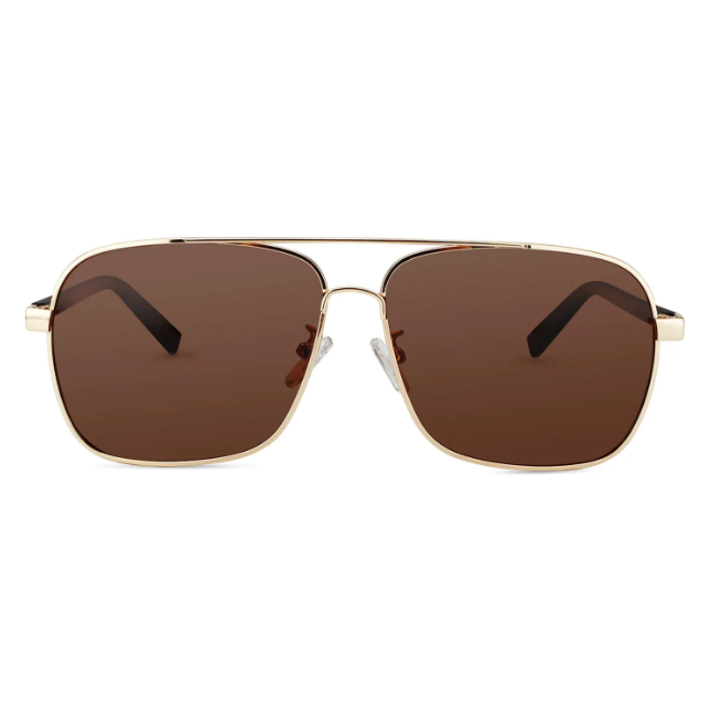 Front view of large-frame aviator sunglasses with gold metal frames and dark brown lenses.