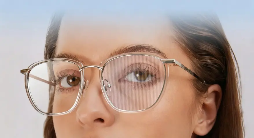 A frontal close-up of a woman wearing clear-framed glasses, showcasing vertical stripes on the lenses that indicate prisms.