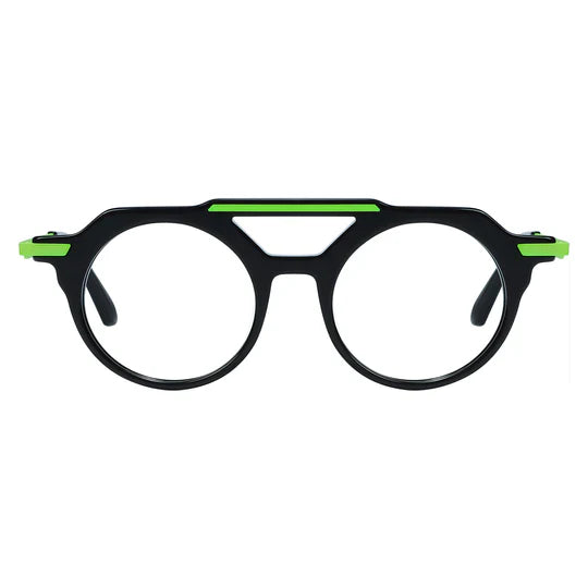 A front view of black, geometric, round-rimmed glasses, featuring striking bright green lines adorning the top and temples.