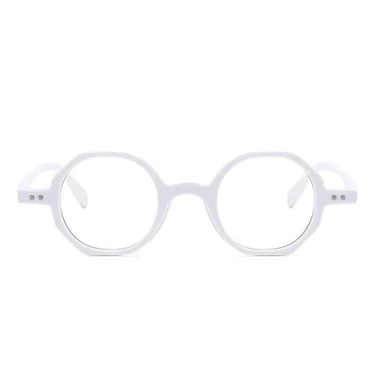 A front view of a pair of thick-rimmed white glasses, featuring a unique dual-ring design with inner and outer frames; the outer frame presents a polygonal geometric silhouette.