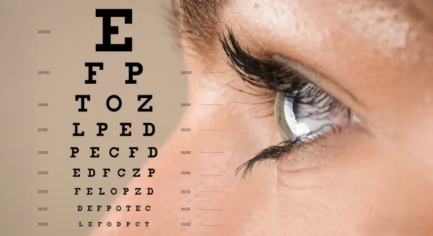 A close-up of a human eye is superimposed over a Snellen chart, illustrating visual acuity standards ranging from 20/200 to 20/20.